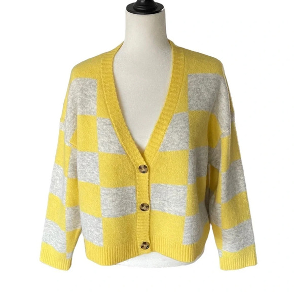 Zara Alpaca Wool Blend Boxy Button Front V Neck Cardigan Sweater Yellow Checked - Picture 6 of 12